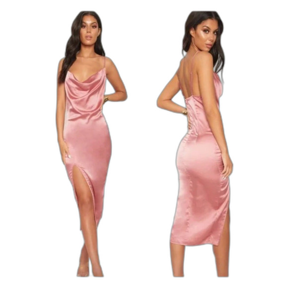 PrettyLittleThing Dresses & Skirts - PrettyLittleThing dress Womens 8 rose pink satiny slip midi spaghetti strap